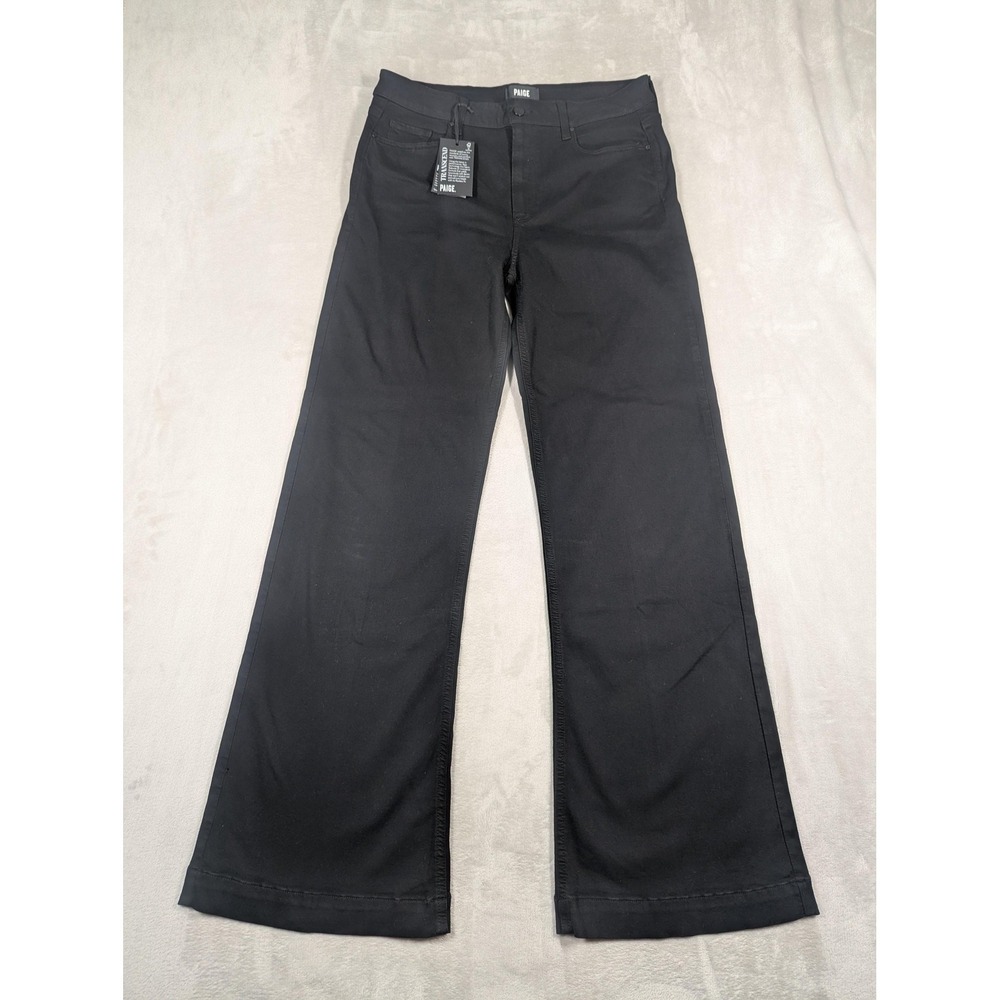 Paige Leenah Slim Wide Leg Jeans Womens 31 Black Shadow High Rise Stretch Denim
